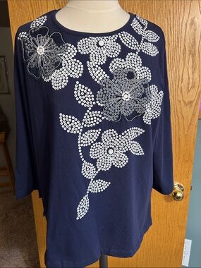 Alfred Dunner Navy Floral Sequin Tunic Top size XL working girl party